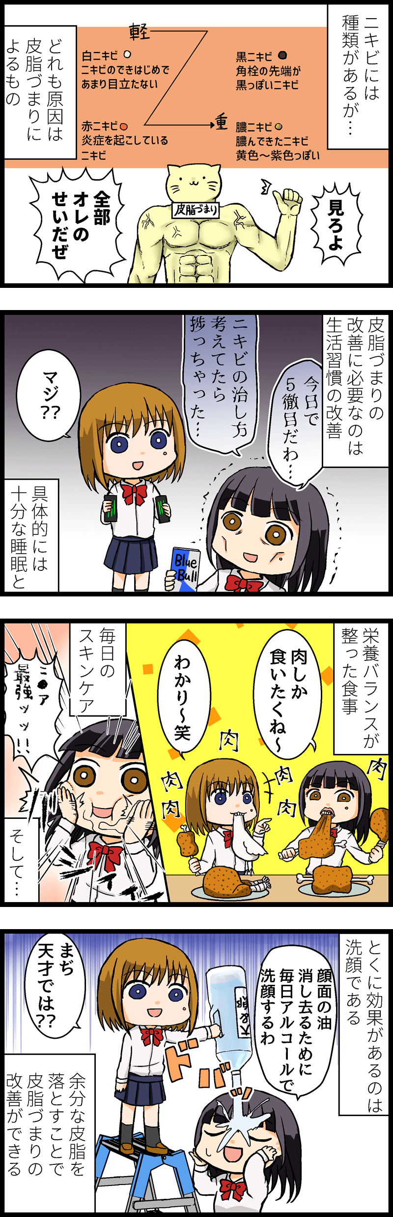 ニキビには、白ニキビ・黒ニキビ・赤ニキビ・膿ニキビなど種類があるが、原因はどれも皮脂の過剰分泌による毛穴の詰まり。そして、毛穴の皮脂詰まりを改善するためには、バランスの整った食事、規則正しい睡眠、そして毎日のスキンケアが大切。特に正しい洗顔は、余分な皮脂を洗い流すため重要である。