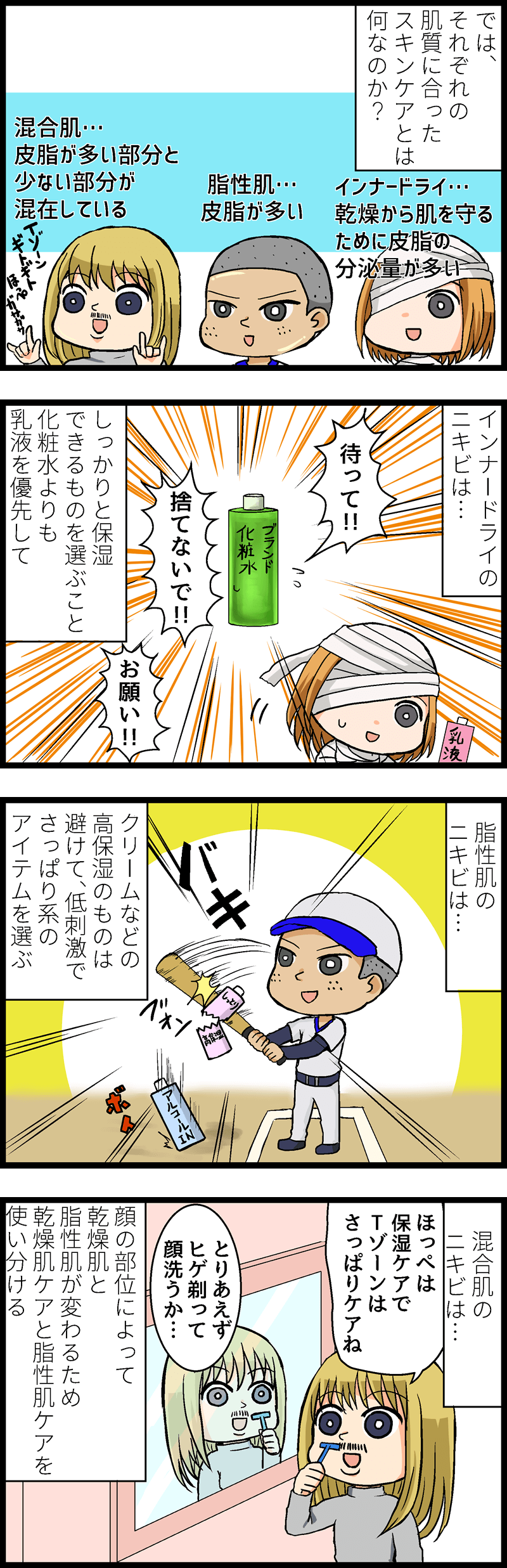 インナードライのニキビケアは、しっかりと保湿できるものを選び、化粧水より保湿効果の高い乳液を優先して選びましょう。脂性肌のニキビケアには、クリームなどの高保湿の物ではなく、保湿効果のある化粧水を選びましょう。混合肌のニキビケアは、顔の乾燥する部位には高保湿のクリームをオイリーな部分には、保湿化粧水を使いましょう。